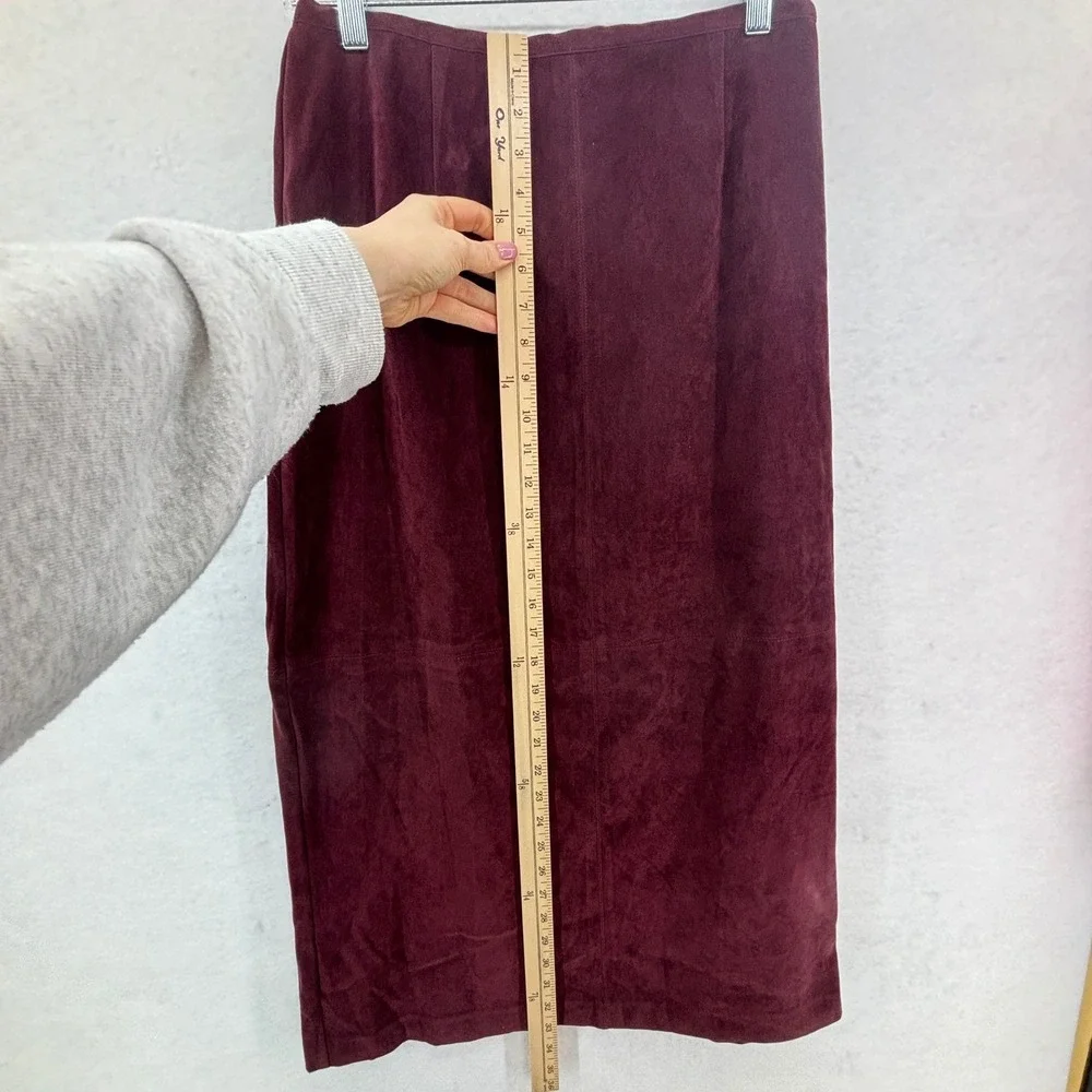 Burgundy Faux Suede Straight Midi Skirt Size‎ 10P Indie Retro Back slit